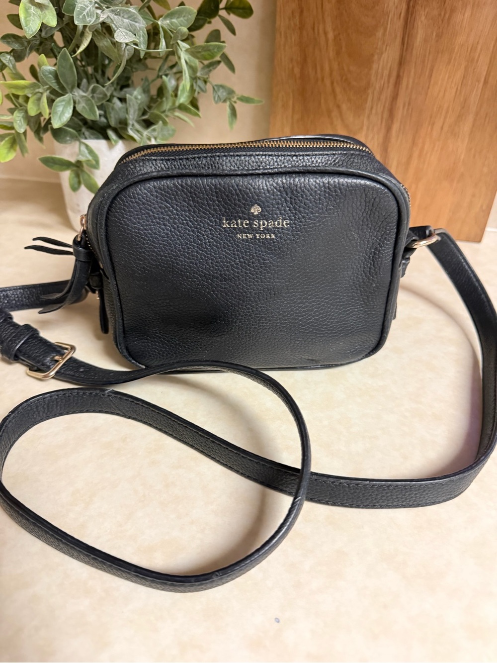 kate spade Black Pebbled Leather Camera Bag with Gold Hardware